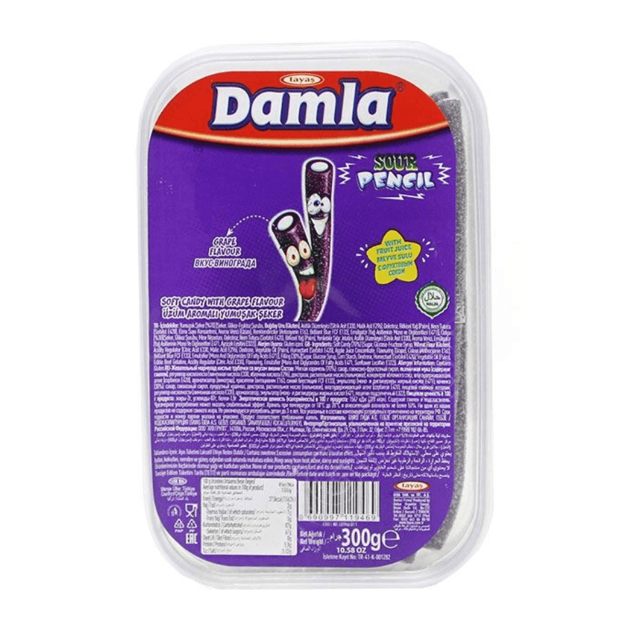 Tayas Damla Sour Pencil – Halal Saure Fruchtgummi-Sticks (300g) – Geschmacksrichtungen: Traube, Regenbogen, Sauerkirsch, Erdbeere - Jabban Market