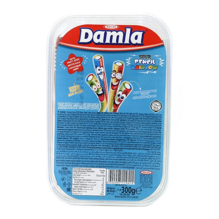 Tayas Damla Sour Pencil – Halal Saure Fruchtgummi-Sticks (300g) – Geschmacksrichtungen: Traube, Regenbogen, Sauerkirsch, Erdbeere - Jabban Market