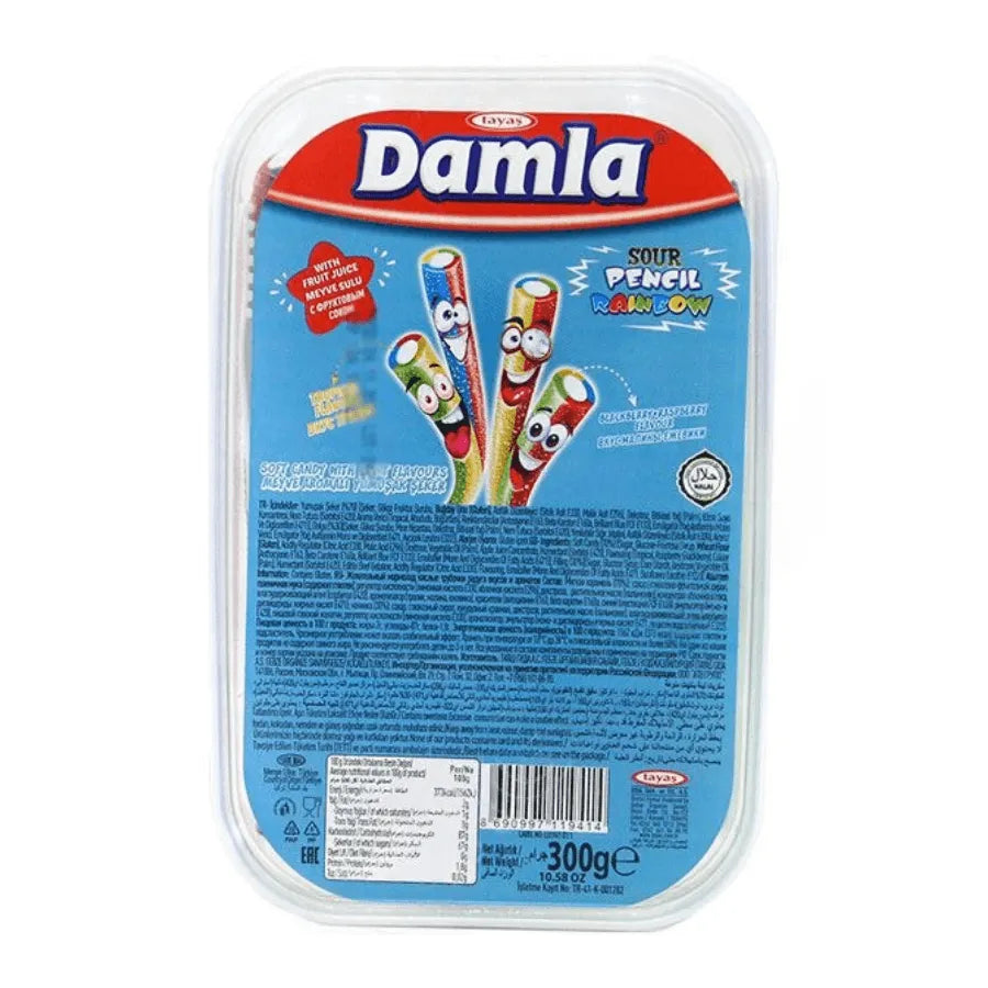 Tayas Damla Sour Pencil – Halal Saure Fruchtgummi-Sticks (300g) – Geschmacksrichtungen: Traube, Regenbogen, Sauerkirsch, Erdbeere - Jabban Market