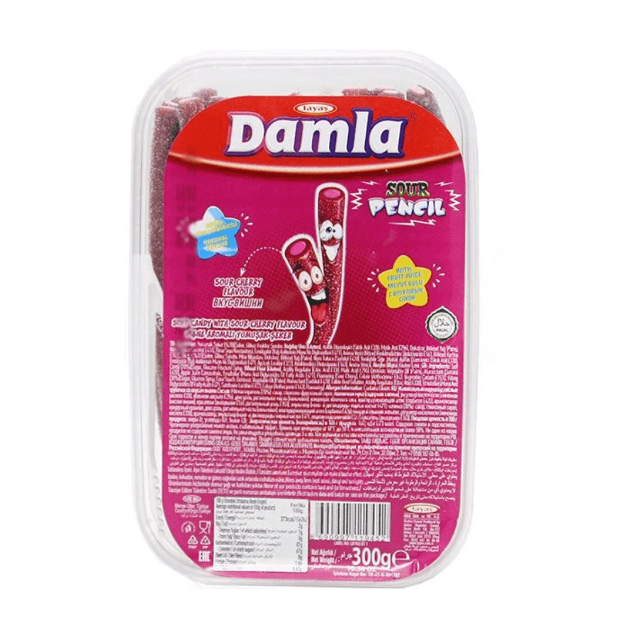 Tayas Damla Sour Pencil – Halal Saure Fruchtgummi-Sticks (300g) – Geschmacksrichtungen: Traube, Regenbogen, Sauerkirsch, Erdbeere - Jabban Market