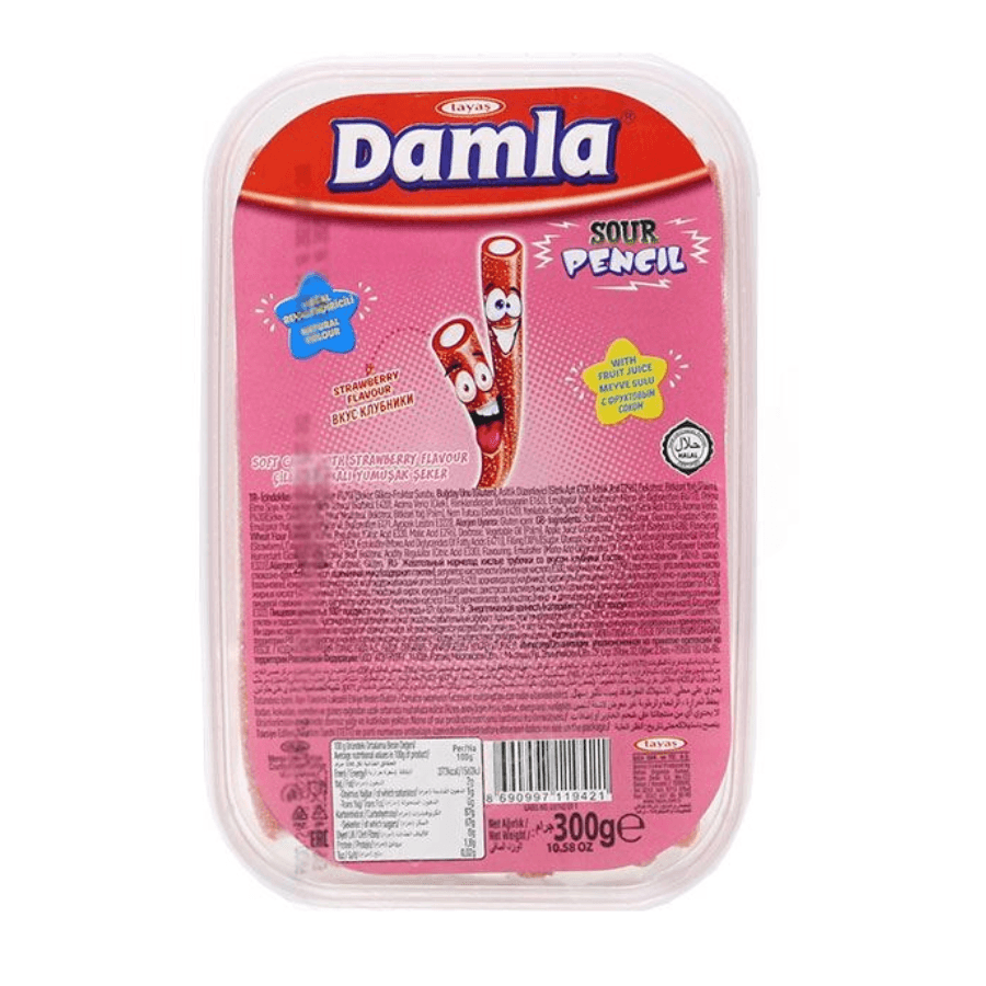 Tayas Damla Sour Pencil – Halal Saure Fruchtgummi-Sticks (300g) – Geschmacksrichtungen: Traube, Regenbogen, Sauerkirsch, Erdbeere - Jabban Market